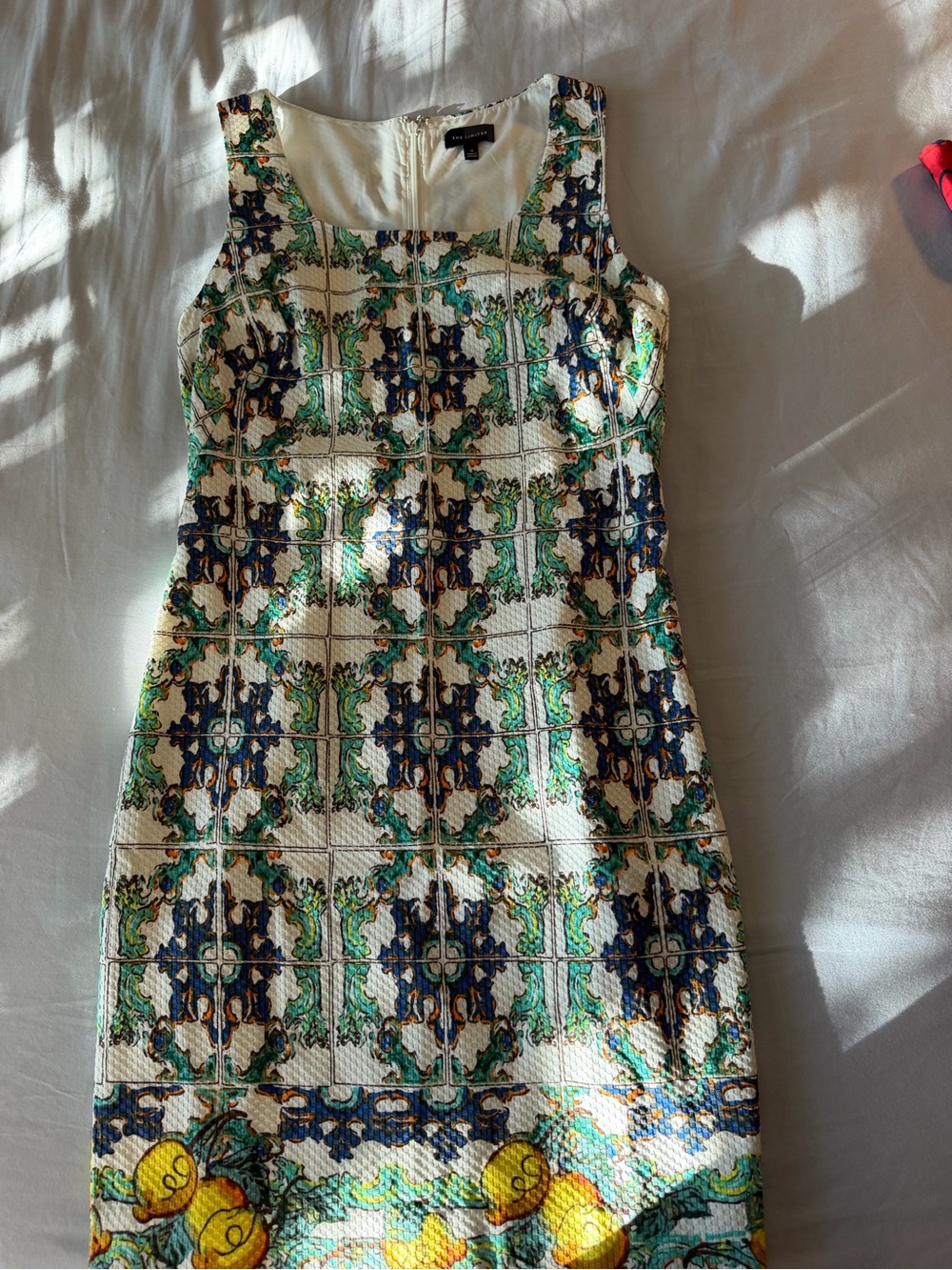 The Limited White Sheath Dress with Green and Navy Mosaic Print